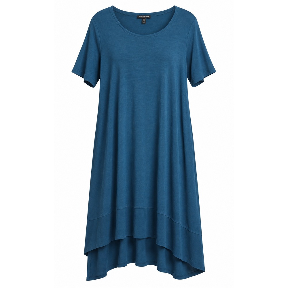 Eileen Fisher Woman 2X Teal Blue Viscose Jersey High-Low Tiered Hem Dress